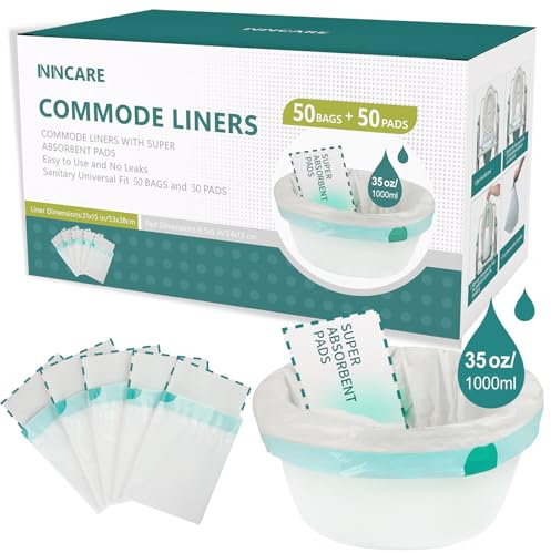 ININCARE Lot de 50 doublures de chaise percée avec coussinets absorbants, ajustement universel, jetables pour toilettes portables pour adultes (50 sacs + 50 coussins)