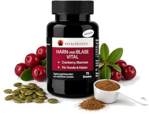 Vitalpfoten 75 Gramm Harn und Blase Vital sensitiv Pulver für Hunde & Katzen mit Cranberry, Mannose und Kürbiskern, pflanzliche Hausmittel - Rezeptur bei Blasenentzündungen und Inkontinenz
