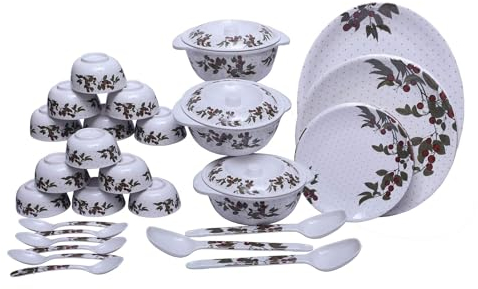Vajilla redonda de melamina de 40 piezas, juego de cena impreso para cocina, color blanco