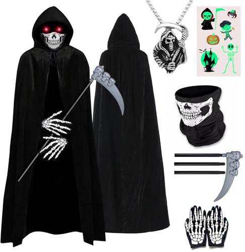 ATOWORLD Halloween Deguisement Faucheuse Enfant Costume Faucheur Enfant Deguisement Halloween Garcon 5 6 7 ans Squelette Déguisement Faucheuse Cape Noire Squelette Masque Faucille Cosplay Robe