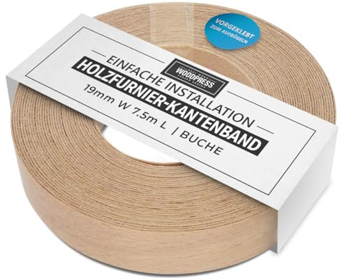 WoodPress Ruban de bordure en hêtre véritable de 19 mm – 7,5 m – Ruban de bordure en placage de chêne pré-collé pour bricolage – Bande de bord pour restauration de meubles – Bordure adhésive à chaud