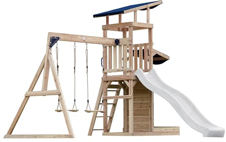AXI Malik Wooden playhouse complete with 2 swings, white slide / Outdoor playground with sandpit and play wall / Slide with water connection | Outdoor wooden playhouse on stilts