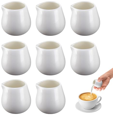 ForeverUp 8 PCS White Small Porcelain Milk Jug, 50ml White Ceramic Mini Milk Jug, Mini Creamer Jugs Without Handle with Milk Spoon Anti-drip Spout Perfect for Bloom Coffee Tea Cream Sauce