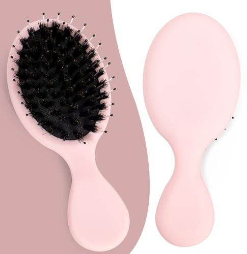Mini Boar Bristle Hair Brush - Boar & Nylon Bristle Small Brush for Women Kids Long Short Hair to Smooth Add Shine - Travel Size Hair Brush for Purse,Pocket - Pink