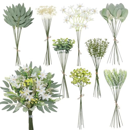 Weldomcor 70 Stück Künstliche Zweige & Kunstblumen, 8 Arten Weiß Blumen Grüne Eukalyptus Künstlich Dekozweige, Künstliche Blumen Kunstblumenstrauß für DIY Blumenstrauß Hochzeit Brautstrauß Tischdeko
