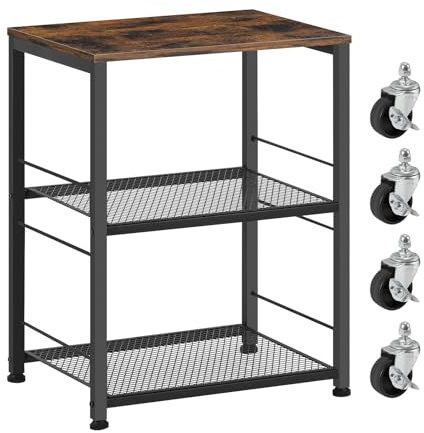 Nandae 3-Tier Side Table with Wheels, Bedside Table, Nightstand Printer Tables with Wooden Top & Wire Mesh Shelves for Living Room, Bedroom, Sofa (Brown)