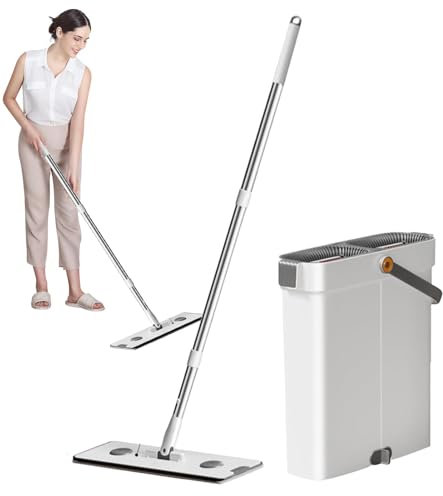 Tuxxjzm Wischeimer mit Auswringer, Drehbar Bodenwischer und Eimer Set Wischmopp System, Reinigung Mop Eimer Set, Wet Dry Mop Eimer Reinigungssystem für Boden, Wand