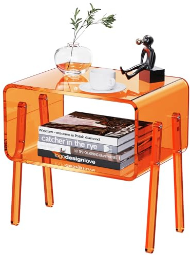 Dewrhiixe Mesa auxiliar apilable de acrílico, mesa auxiliar pequeña transparente con almacenamiento para espacios pequeños, mesita de noche con patas para dormitorio, sala de estar (naranja, 16.9 x