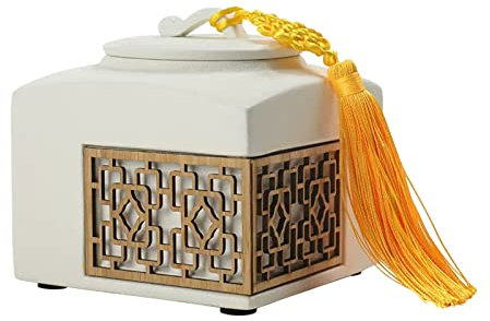 Organizador de té Lata de té de cerámica cuadrada blanca Lata de cerámica sellada retro Lata de té suelta con borla anudada china amarilla Almacenamiento de té Caja de té for té Frutas secas Hierbas m