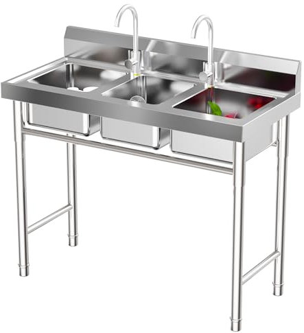 Fregadero de acero inoxidable de dos senos independiente, fregadero de uso general para exteriores, juego de fregadero de cocina comercial con grifo y escurridor, fregadero de acero inoxidable de 2 c