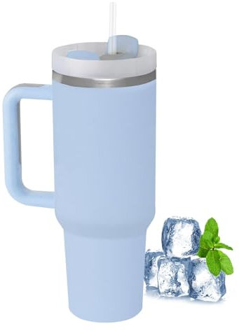 LOITTAINUE Thermobecher mit Strohhalm und Henkel, 1180ml 40oz Kaffeebecher To Go mit Deckel, Doppelwandiger Edelstahl Vakuum Isolierbecher, Tragbare Autobecher für Kalte Heiße Getränke (Blau)