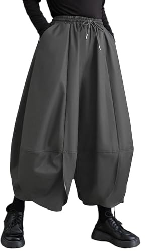 Women's Puffy Drawstring Elastic Waist Drop Crotch Hakama Harem Balloon Wide Leg Pants GZ81 Gray L
