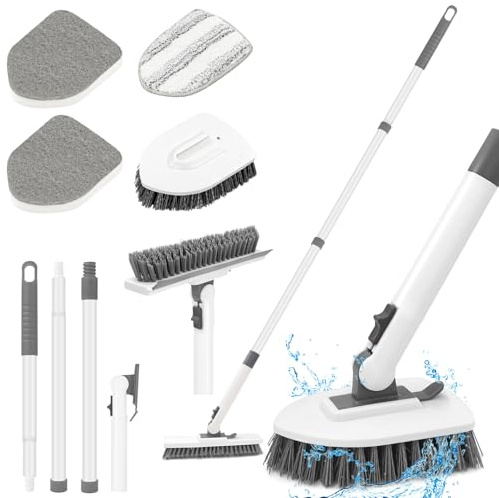 WenYa 4-in-1 Tub and Tile Scrubber Bathroom Cleaner Shower Cleaning Brush | 52 inch Detachable Long Handle, Adjustable Stiff Bristles Brush Cleaning Tool for Bathtub, Kitchen, Wall, Floor, Glass, Tile