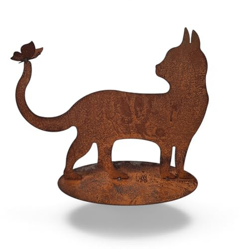 Bornhöft Gartendeko Gartenstecker Katze mit Schmetterling, Edelrost Rost-Optik Metallfigur, Gartenskulptur rostige Deko aus Metall Beetstecker Wetterfest (Katze Platte gehend)