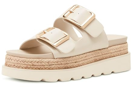 DOEYG Beige Platform Sandals for Women Summer Beach Flatform Slide Sandals Wedges Comfortable Casual Raffia Straw Crochet Espadrille Slides Size 6