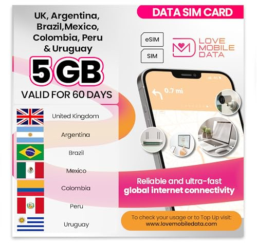 Love Mobile Data Only Sim Card - International Multi-Network 4G/5G Prepaid Pay As You Go Data Sim for Mobile Phones, WiFi Routers, Argentina, Brazil, Colombia, Mexico, Peru & Uruguay - 5GB for 60 Days