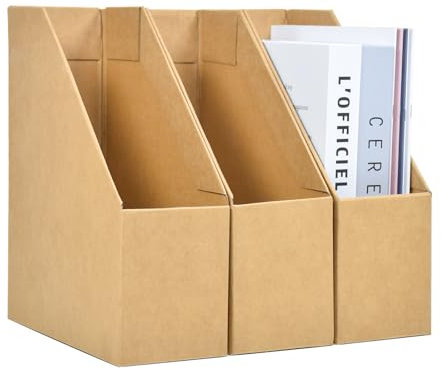 Elezeal 3-Pack Magazine File Holder, Kraft Paper Cardboard Magazine Desktop Organizer with Labels for Document, Book, and Magazine, A4 File Folder Foldable Storage Box for Office, Home, and School Use