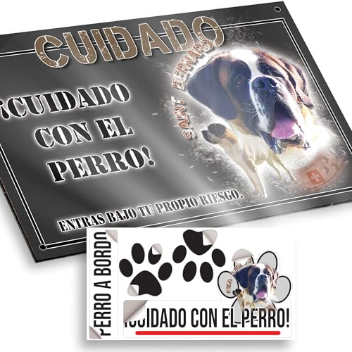 San Bernardo macho Cartel Cuidado con el Perro 20x12,5cm - Diseño Antracita en Dibond con Pegatina Coche 20x5cm - En Español
