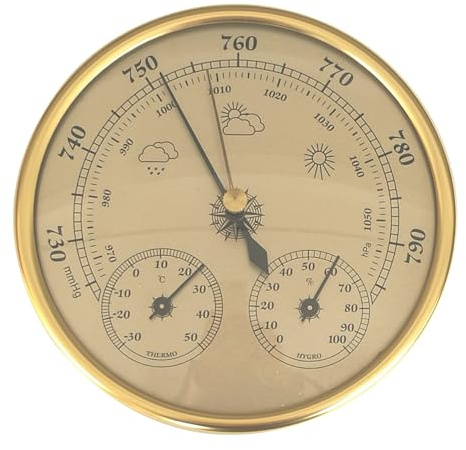 3 in 1 Barometer Indoor 5 Inch in Dia Metal Barometer Thermometer Hygrometer Golden Weather with Temperature Humidity Weather Station for Indoor Outdoor..