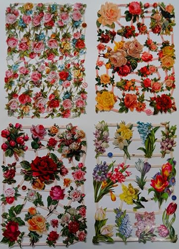 Glanzbilder Rosen Blumen Tulpen Blumenstrauß Motiv Set aus 4 verschiedenen Papierbögen zum Basteln und Verzieren Poesiebilder Deko EF SET 10
