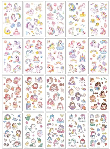 JUKOTA Tatouage Temporaire Enfant,20 Feuilles Etanche Tatouage Ephémère Licorne Kit Tatoo pour Garçons Filles,Tatouages Dessins Animés Enfants,Cadeaux Enfants pour Anniversaires,Halloween,Noël