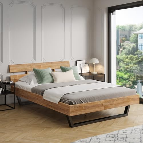 skølm Alver Massivholzbett Eiche 140x200cm, Holzbett mit Bettkopf, in Natur | Bettgestell stabil aus Massivholz, Holzbett mit schwarzen Metallkufen,hochwertiges Bett, Bettrahmen geeignet als Doppelbett