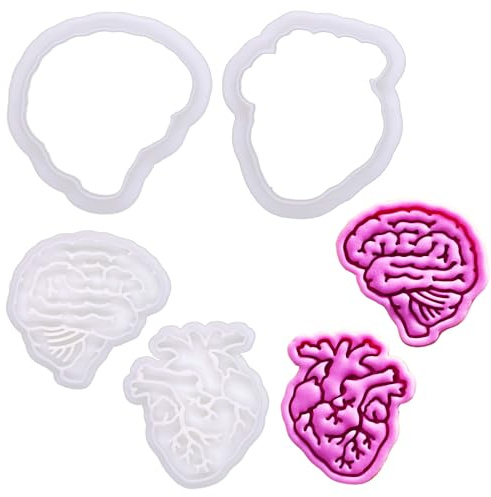 BAKERLOGY Brainy Love Mini Cookie Cutter and Stamp Set (2) – Lateral View Brain and Anatomical Heart Design Cupcake Fondant Embossers for Medical, Anatomy, and Valentine’s Day-Themed Bakes