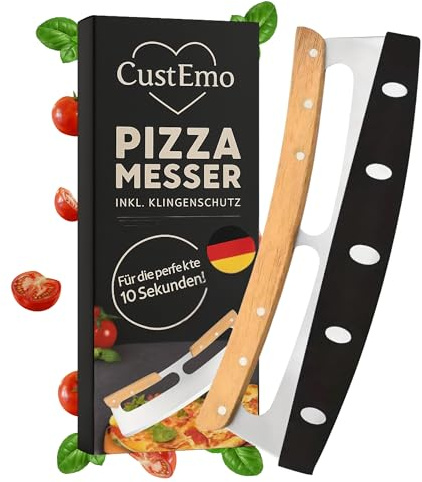 CustEmo® Pizzaschneider - Profi Pizzamesser (Pizza Cutter) effektiver als Pizzaroller | Premium Pizza Wiegemesser aus Edelstahl 35cm mit Holzgriff | Schnelles und gleichmäßiges Schneiden
