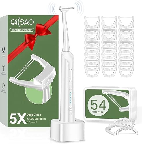 OILSAO Filo interdentale elettrico per denti, alternativa al filo interdentale con 5 velocità + 54 testine di ricarica, 5 x pulizia e 60 giorni di durata della batteria, oscillazione scorrevole per la