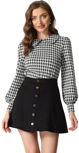 Allegra K Femme Chemisier Pied de Poule Col Claudine | Boutonnée devant Bureau Réunion Détail Épaules Dos Manches Longues Tissu Doux Coupe Confortable