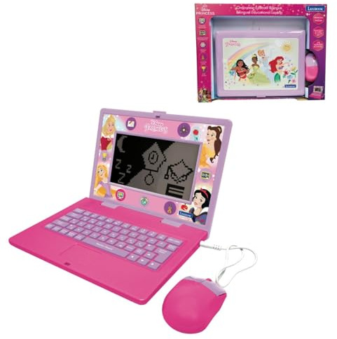 Lexibook, Ordinateur Portable éducatif bilingue Disney Princesses avec 170 activités (85 dans Chaque Langue) Grand écran de 6.7” en Anglais/français, Rose, JC599DPi1