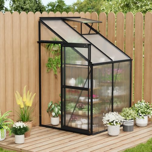 GarveeHome 4x4FT Greenhouse, Small Walk-in Polycarbonate Greenhouse with Adjustable Vent Window, Sliding Door, Portable Green House Kit for Outdoors, Winter