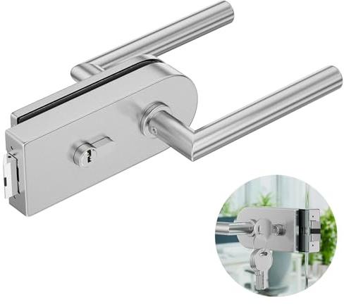 Ranbo Serrure de porte en verre avec double poignée et 5 clés nickel brossé | Cylindre européen en laiton, corps inox 304, réversible gauche/droite, verre sans cadre 8–12 mm, perçage requis