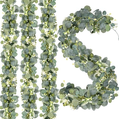 ADORAMOUR Konstgjorda eukalyptusgirlanger – 4 st 180 cm långa – frodiga falska hängande grönska vinrankor med vita blommor, bröllopsbåge väggdekor sovrum vardagsrum inomhus utomhus heminredning