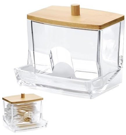 csncis Dispensador de hisopos de algodón, contenedor de bastoncillos de algodón, caja de almacenamiento de hisopos de algodón con tapa de bambú, caja de almacenamiento transparente, adecuada para