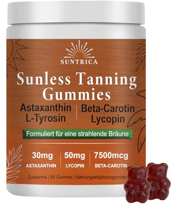 Tanning Gummies – naturlig solbränna från insidan med beta karoten, astaxantin & L-Theanin – garvning gummibjörn för en Shine Brown hy utan UV – alternativ till solbränna kapslar, 60 stycken