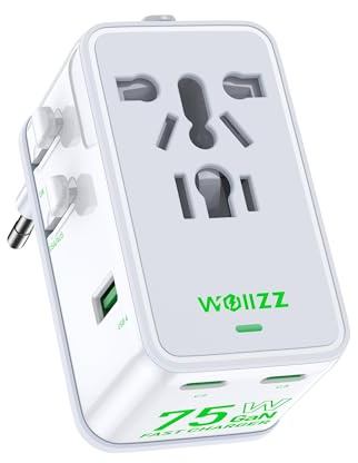 Adattatore da viaggio GaN da 75 W, adattatore universale europeo a ricarica rapida con 5 porte (1 AC, 1 USB-A e 3 USB-C), adattatore con chip intelligente per oltre 200 paesi, caricatore PD e QC