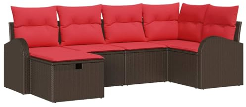 HETFTJN Lounge Gartenmöbel Set Braun Rot Poly-Rattan Sofa Set 6-teilig Modulares Rattan-Sofa mit Stauraum Kissen und Fußbank für Garten Terrasse und Balkon