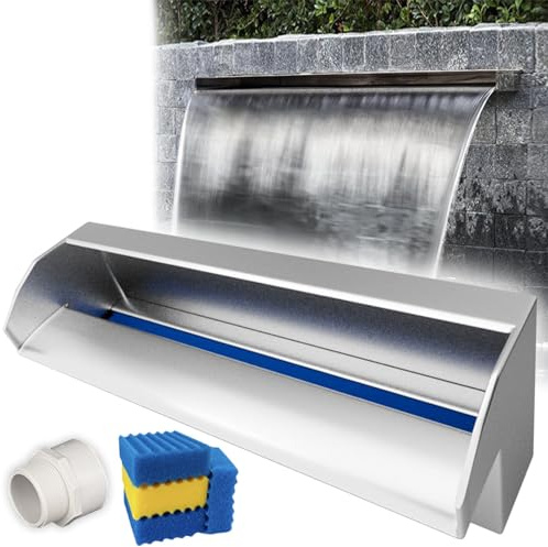 Inbäddat dammvattenfall i rostfritt stål - 112 cm fontänutlopp för däck, uteplats, trädgårdspool - Inkluderar koppling och filter, hållbar utomhusvattenfunktion
