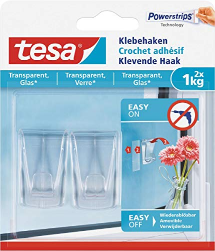 tesa Klebehaken für transparente Oberflächen und Glas (1 kg) - Durchsichtige, selbstklebende Haken - Bis zu 1 kg Halteleistung pro Haken, 2-er Pack
