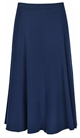 Sufiah Ladies Women's Half Elasticated Waist Plain Office Stretch Flared Below Knee Long Midi Skirt (UK, Numeric, 18, Regular, Regular, Navy)