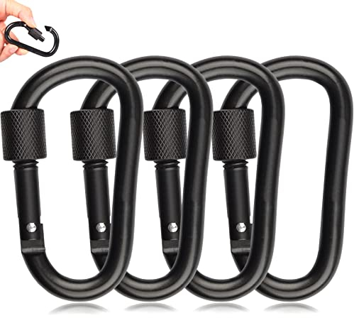 MABUSIYI D-ring Carabiner Clip with Screw Lock, 8cm/3inch heavy duty Aluminum Alloy Locking Key Chain Carabiner Clip Hook for Camping Hiking Backpack (4, 4pcs black)
