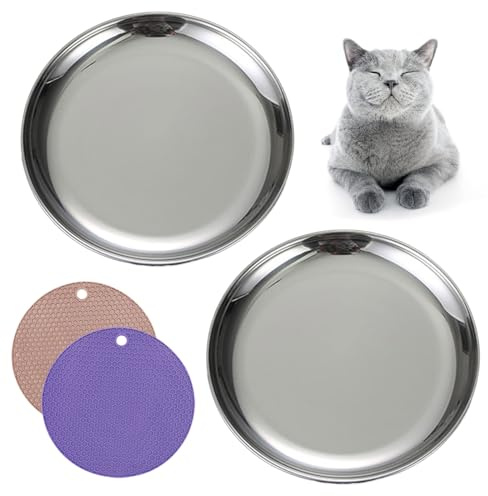RMNHPTK Platos de Comida para Gatos de Acero Inoxidable, Cuencos para aliviar la Fatiga con tapetes Antideslizantes para Alimentos húmedos y Secos (2 Unidades, medianos)
