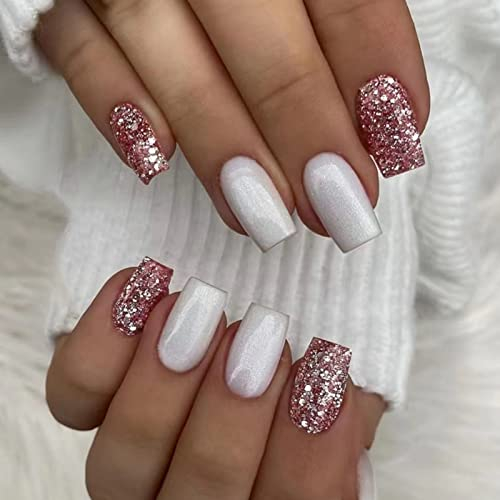JUSTOTRY 24 Stück Rose Glitzer Press on Nails Eckig Mittel,Milchig French Künstliche Nägel, Schöne Kunstnägel Nägel Zum Aufkleben,Acryl Square Fingernägel Fake Nails Kurz für Frauen