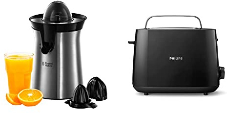 Russell Hobbs Presse Agrumes Electrique [Automatique: Jus de Fruit Frais Rapide] Classic (Inox Brossé, 2 Sens Rotation & Philips Grille-pain - 2 Fentes, 8 Réglages