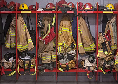 BELECO 2.1x1.5m Stoff-Hintergrund für Feuerwehr-Umkleidekabinen zum Fotografieren, Innenbereich der Feuerwache, Feuerwehranzüge, Ausrüstung, Hintergrund, Feuerwehrmann, Feuerwehrmann-Hintergrund
