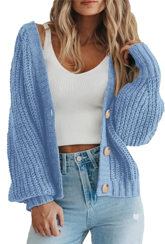 PRETTYGARDEN Women's Chunky Knit Open Front Sweater Long Sleeve Button Loose Short Cardigan Outerwear Coats (Light Blue, X-Large)