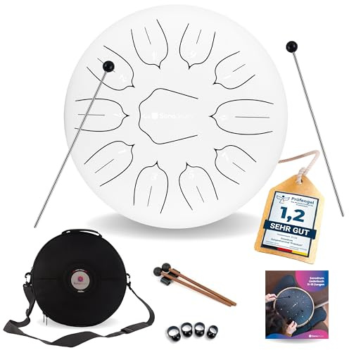 Sonodrum Zungentrommel Standard D - Dur in Weiß - 30 cm groß mit 11 Tönen - Steel Tongue Drum inkl. Liederbuch, Schlägel, Fingersticks und Tragetasche - Notenlesen nicht nötig, einfach zu spielen.