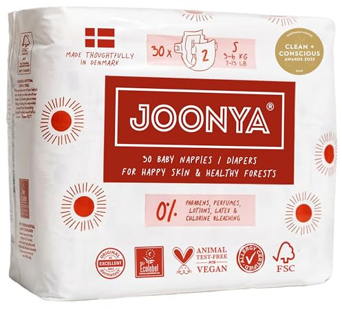 Joonya Baby Diapers, Size 2 S (7-13 lb) - 1 Bag of 30 - Non Toxic, Eco-Friendly, High Absorbency, Overnight Use, Ultra Slim & Soft - Made in Denmark