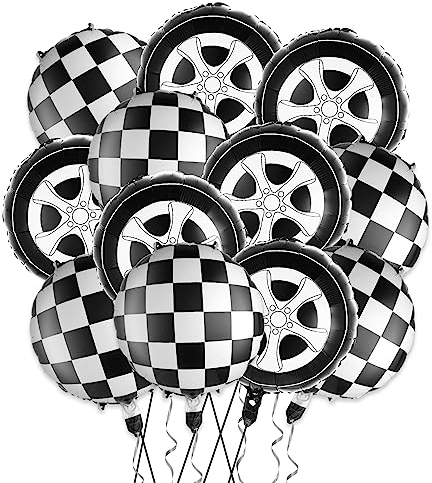 12 Stück Rennwagen Luftballon,18zoll Karierte Flagge Ballons,Rennwagen Party Deko,Schwarz Weiß Karierte Rennauto Luftballons,Fußballballon,Auto Motiv Reifen Folienballon,für Racing Thema Partydeko